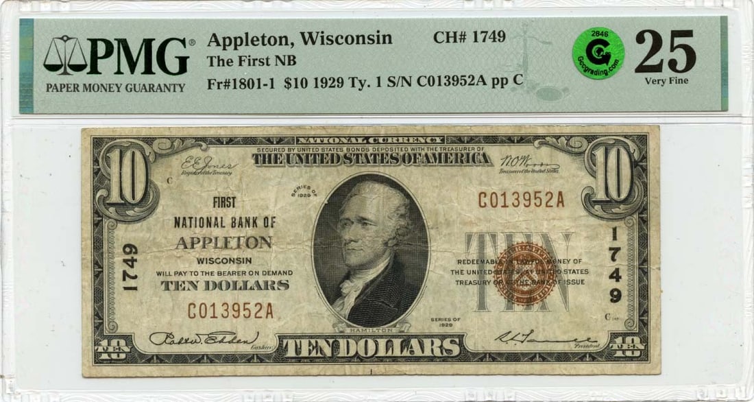 1929 $10 National Bank Note Appleton WI PMG VF25 Certified: 1929 $10 National Bank Note Appleton WI PMG VF25 Certified This 1929 $10 National Bank Note from Appleton, WI, is a notable piece for collectors. Graded as VF25 by PMG, this bill has been circulated,