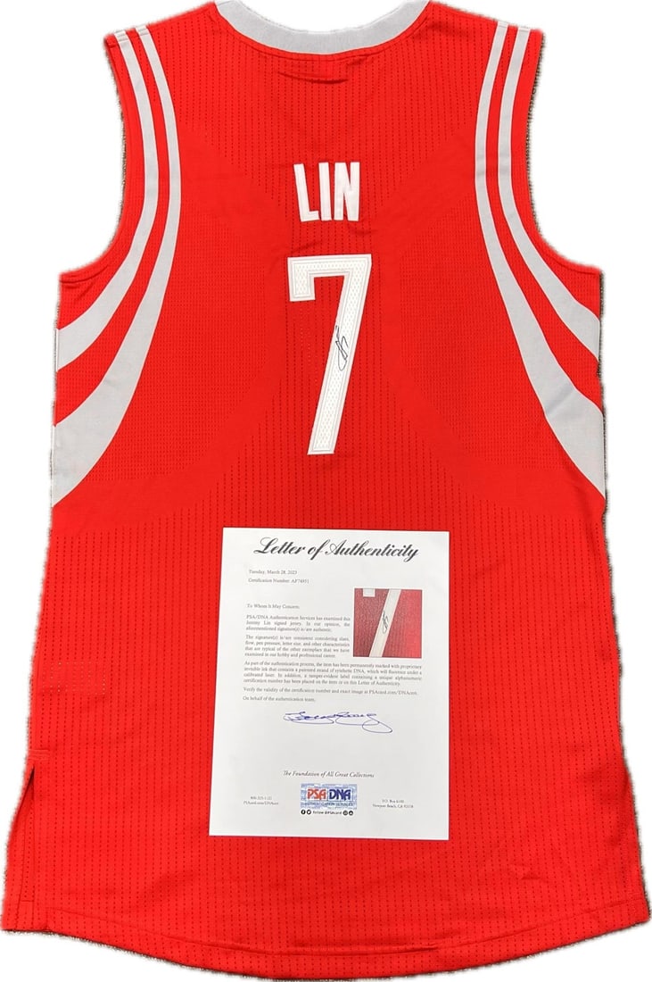Jeremy Lin Autographed Houston Rockets Jersey PSA/DNA AUTO 10: Jeremy Lin Autographed Houston Rockets Jersey PSA/DNA AUTO 10 This is an original stitched jersey autographed by Jeremy Lin, showcasing his signature on the iconic Houston Rockets design. The autograp