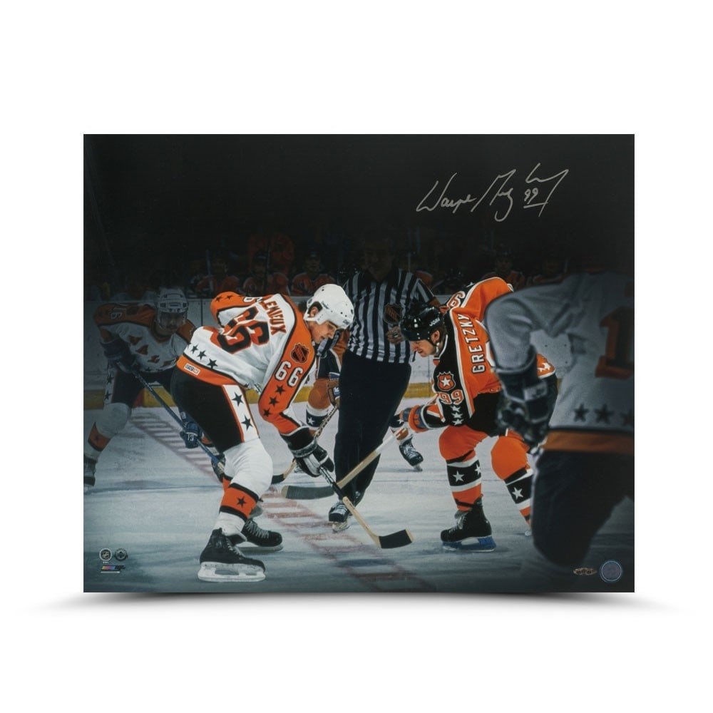Wayne Gretzky Autographed 20X24 Photo All-Star Faceoff vs Lemieux Upper Deck: Wayne Gretzky Autographed 20X24 Photo All-Star Faceoff vs Lemieux Upper Deck Capture a moment in hockey history with this stunning 20X24 photo of Wayne Gretzky and Mario Lemieux during the iconic All-