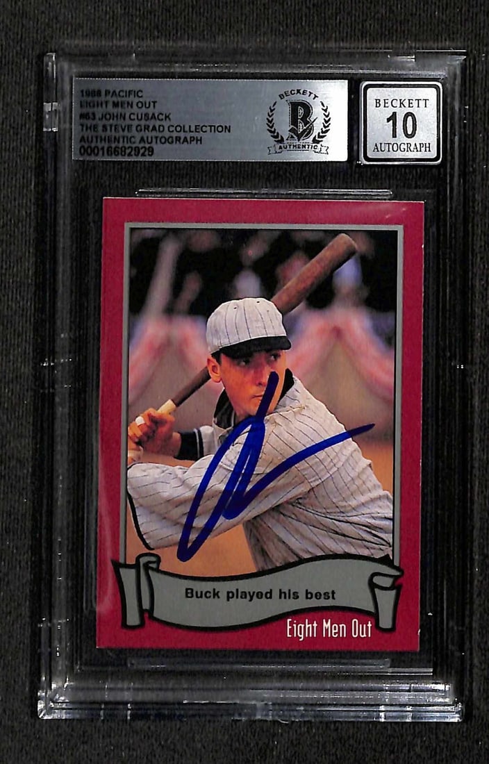 John Cusack Signed 1988 Pacific Eight Men Out Card Beckett 10: John Cusack Signed 1988 Pacific Eight Men Out Card Beckett 10 This is an original autographed trading card from the 1988 Pacific Eight Men Out series, featuring John Cusack as Buck Weaver. The card is