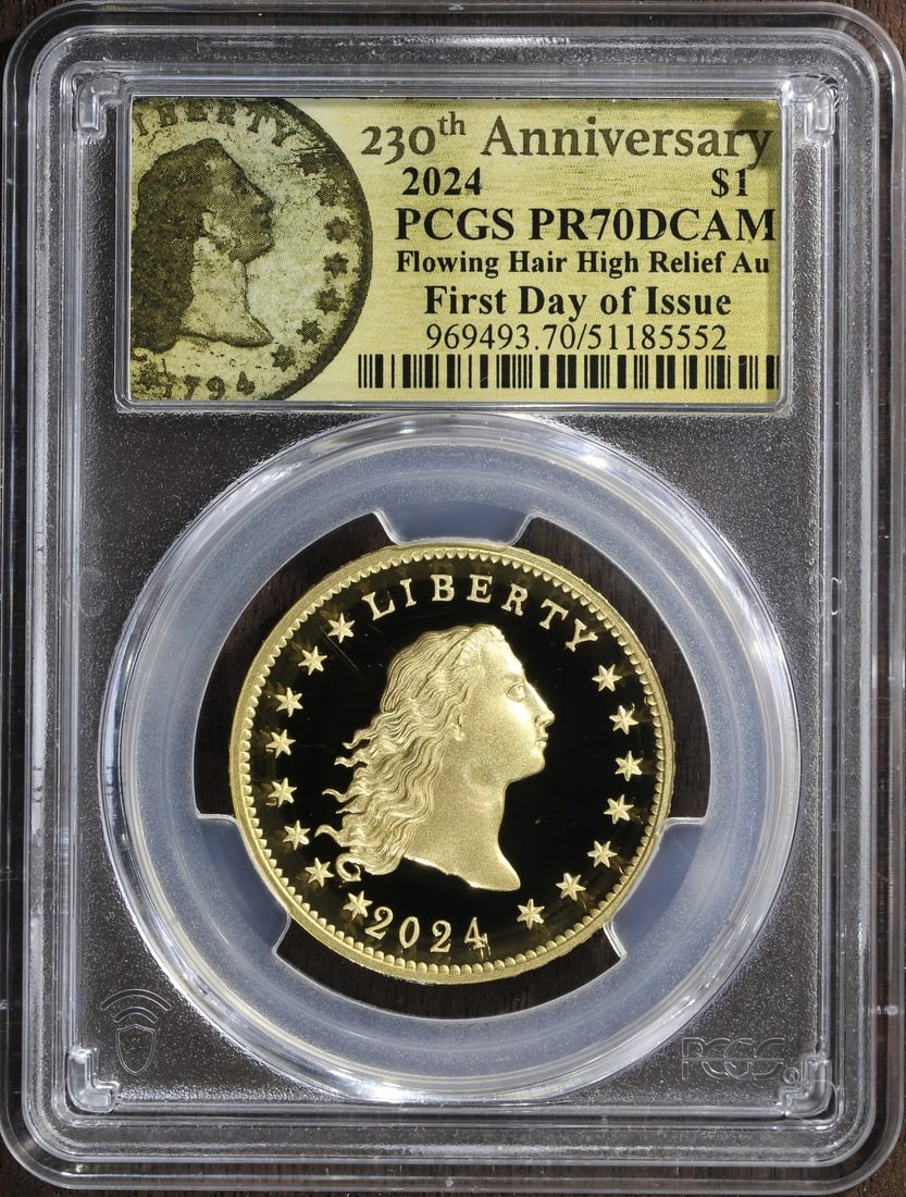 2024 Flowing Hair 1 oz Gold Proof Coin PCGS PR70 First Day Issue: 2024 Flowing Hair 1 oz Gold Proof Coin PCGS PR70 First Day Issue This 2024 Flowing Hair gold coin celebrates the 230th anniversary of the original design. Struck in proof quality with a fineness of 0.