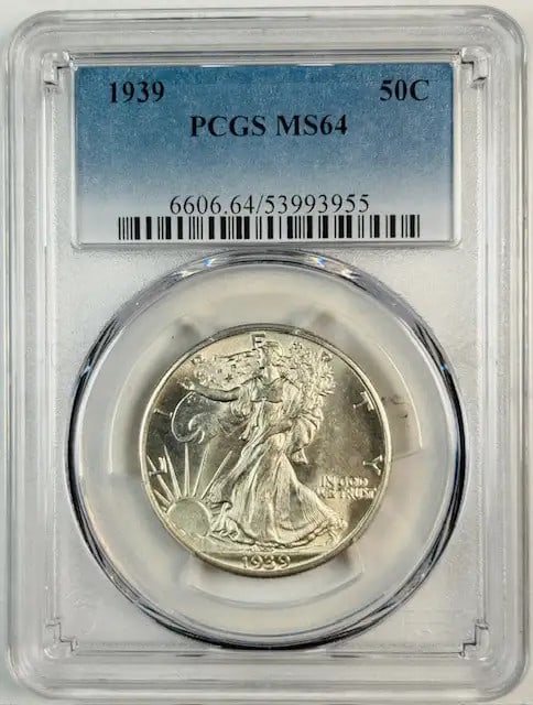 PCGS MS64 1939 Philadelphia Walking Liberty Silver Half Dollar: PCGS MS64 1939 Philadelphia Walking Liberty Silver Half Dollar This 1939 P Walking Liberty Half Dollar has been certified by PCGS with a grade of MS 64. Composed of silver, the coin is uncirculated an