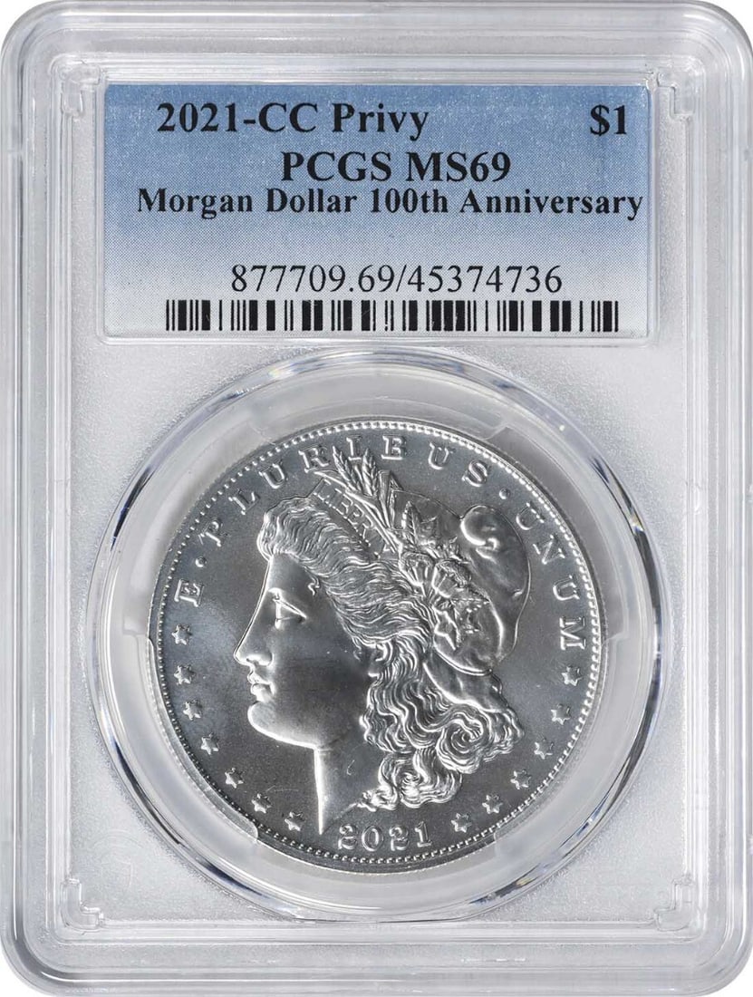 2021 CC Privy Morgan Silver Dollar MS69 PCGS Proof Coin: 2021 CC Privy Morgan Silver Dollar MS69 PCGS Proof Coin This stunning 2021-CC Privy Morgan Silver Dollar is certified by PCGS with a remarkable grade of MS69, indicating its uncirculated condition. St