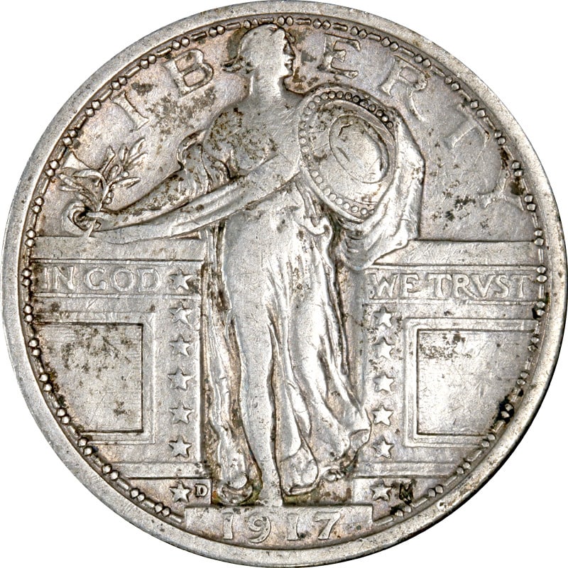 1917 Denver Mint Type 1 Standing Liberty Silver Quarter Coin: 1917 Denver Mint Type 1 Standing Liberty Silver Quarter Coin This is a 1917-D Type 1 Standing Liberty Quarter composed of silver with a fineness of 0.9. Minted in Denver, this circulated coin is from