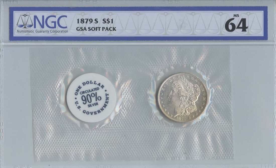 NGC MS64 1879-S Morgan Dollar in GSA Soft Pack Uncirculated: NGC MS64 1879-S Morgan Dollar in GSA Soft Pack Uncirculated This is an 1879-S Morgan Dollar graded MS64 by NGC, presented in a GSA soft pack. The coin is uncirculated and was minted in San Francisco.