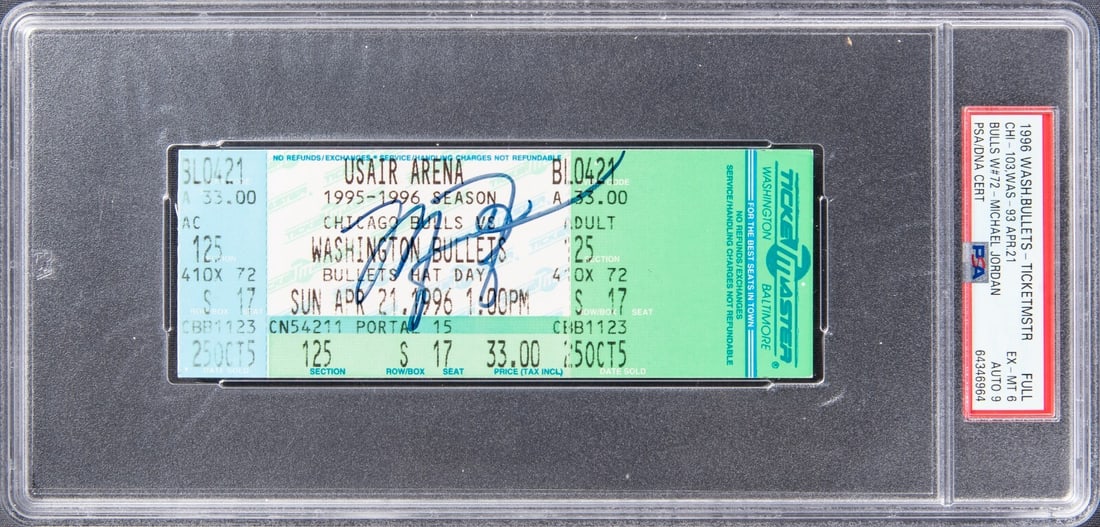 Michael Jordan Signed 1996 72nd Win Full Ticket PSA 6 Auto 9 1/1: Michael Jordan Signed 1996 72nd Win Full Ticket PSA 6 Auto 9 1/1 Celebrate basketball history with this unique full ticket from the iconic April 21, 1996 game between the Chicago Bulls and Washington