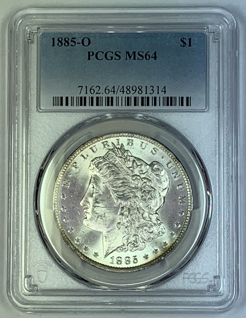 PCGS MS 64 1885-O Morgan Silver Dollar Uncirculated $1 Coin: PCGS MS 64 1885-O Morgan Silver Dollar Uncirculated $1 Coin This is an 1885-O Morgan Silver Dollar coin, certified by PCGS with a grade of MS 64. The coin remains uncirculated and features the classic