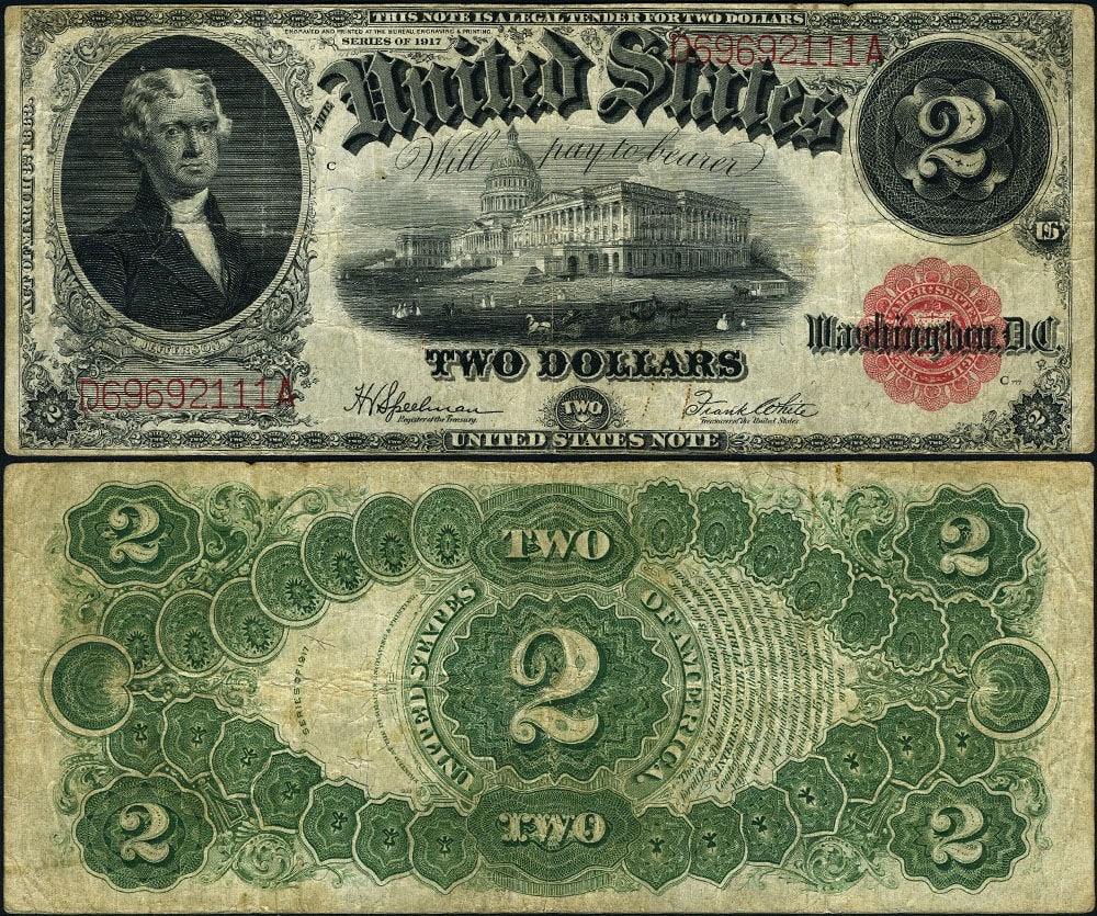 1917 $2 Legal Tender Note VF with Pinholes: 1917 $2 Legal Tender Note VF with Pinholes This 1917 $2 Legal Tender note is graded as Very Fine (VF) and showcases original paper quality with vibrant color and appealing aesthetics. While it has cir