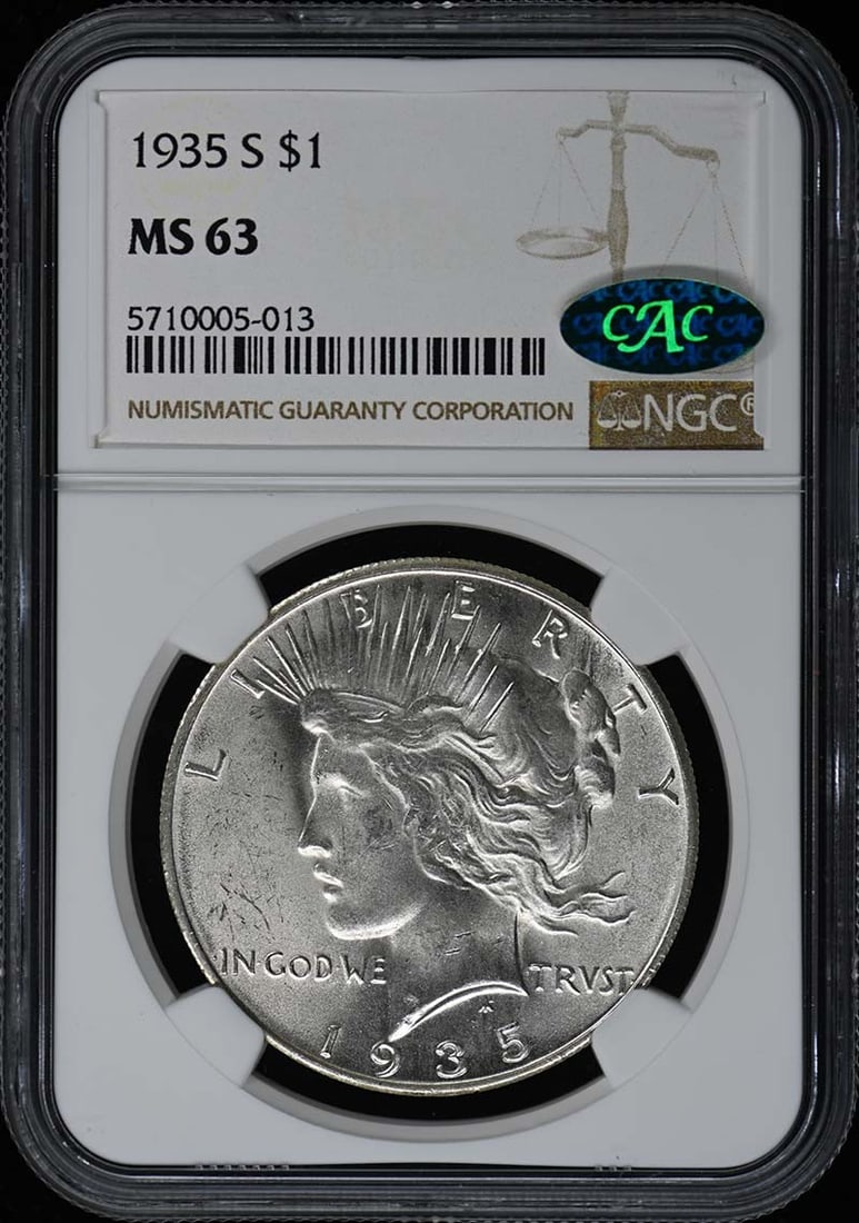 1935-S Peace Dollar NGC MS63 CAC Uncirculated Coin: 1935-S Peace Dollar NGC MS63 CAC Uncirculated Coin This 1935-S Peace Dollar is a stunning example of American numismatics, certified by NGC with a grade of MS63. Minted in San Francisco, this uncircul