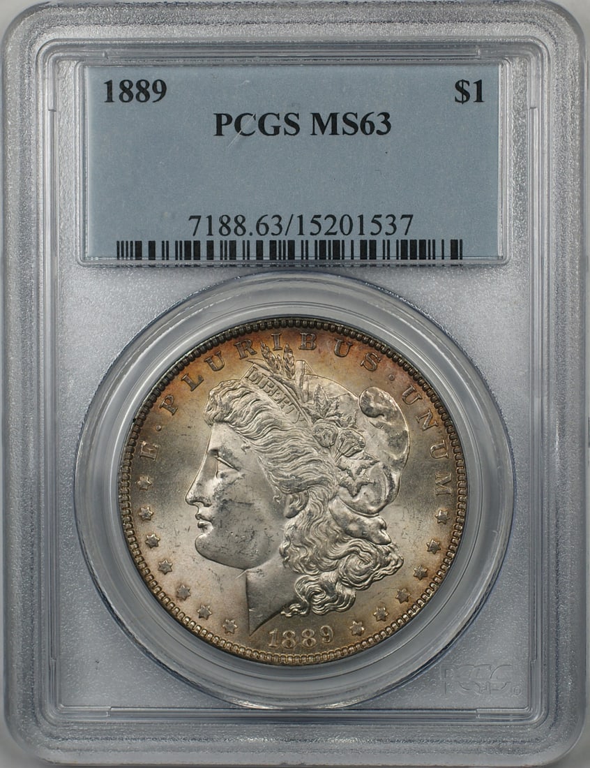 PCGS MS 63 1889 Morgan Dollar Toned Silver Coin from Philadelphia Mint: PCGS MS 63 1889 Morgan Dollar Toned Silver Coin from Philadelphia Mint This 1889 Morgan Silver Dollar features a $1 denomination and is certified by PCGS with a grade of MS-63. The coin is uncirculate