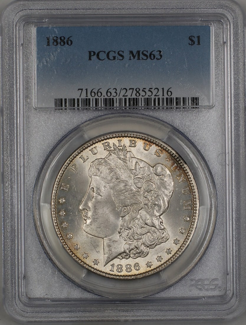 PCGS MS63 1886 Morgan Silver Dollar Clashed Dies Philadelphia Mint: PCGS MS63 1886 Morgan Silver Dollar Clashed Dies Philadelphia Mint This 1886 Morgan Silver Dollar features clashed dies and has been certified by PCGS with a grade of MS-63. Struck in Philadelphia, th