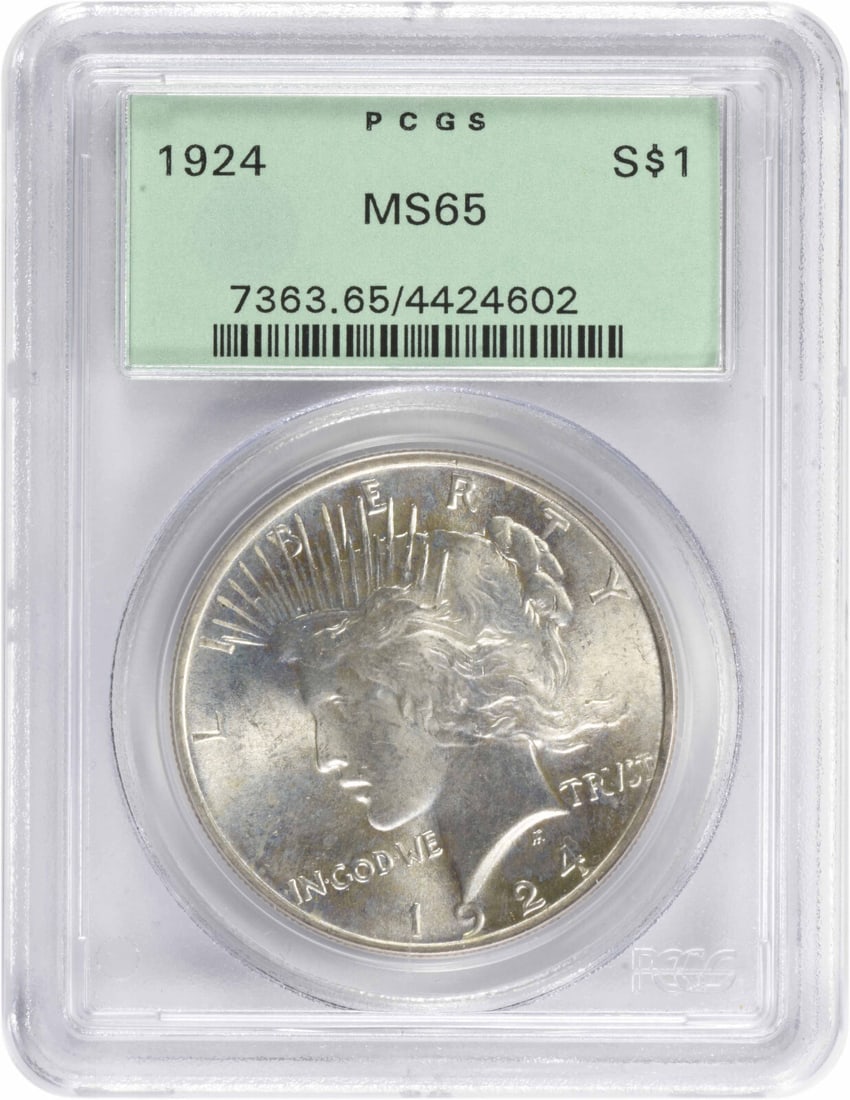 PCGS MS65 1924 Peace Dollar Silver Coin Uncirculated: PCGS MS65 1924 Peace Dollar Silver Coin Uncirculated This 1924 Peace Silver Dollar is certified by PCGS with a grade of MS65, indicating an uncirculated and well-preserved coin. Struck in silver, this