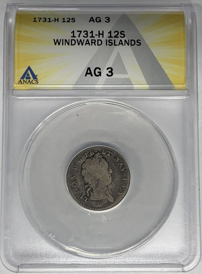 Certified 1731-H Windward Island 12 Sols Coin ANACS AG 3: Certified 1731-H Windward Island 12 Sols Coin ANACS AG 3 This 1731-H Windward Island 12 Sols coin is certified by ANACS with a grade of AG 3. It is a pre-owned historical coin from the year 1731, offe