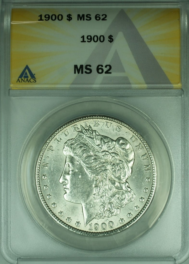 1900 $1 Morgan Silver Dollar ANACS MS 62 Certified Uncirculated Coin: 1900 $1 Morgan Silver Dollar ANACS MS 62 Certified Uncirculated Coin This is a 1900 Morgan Silver Dollar $1 coin certified by ANACS with a grade of MS-62. Struck at the Philadelphia Mint, this uncircu