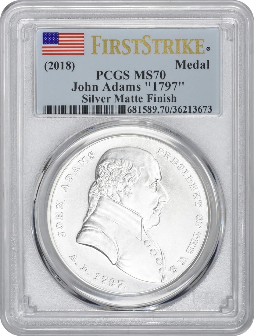 PCGS MS70 First Strike 2018 Silver John Adams Presidential Matte Medal 1 oz (1 of 2)
