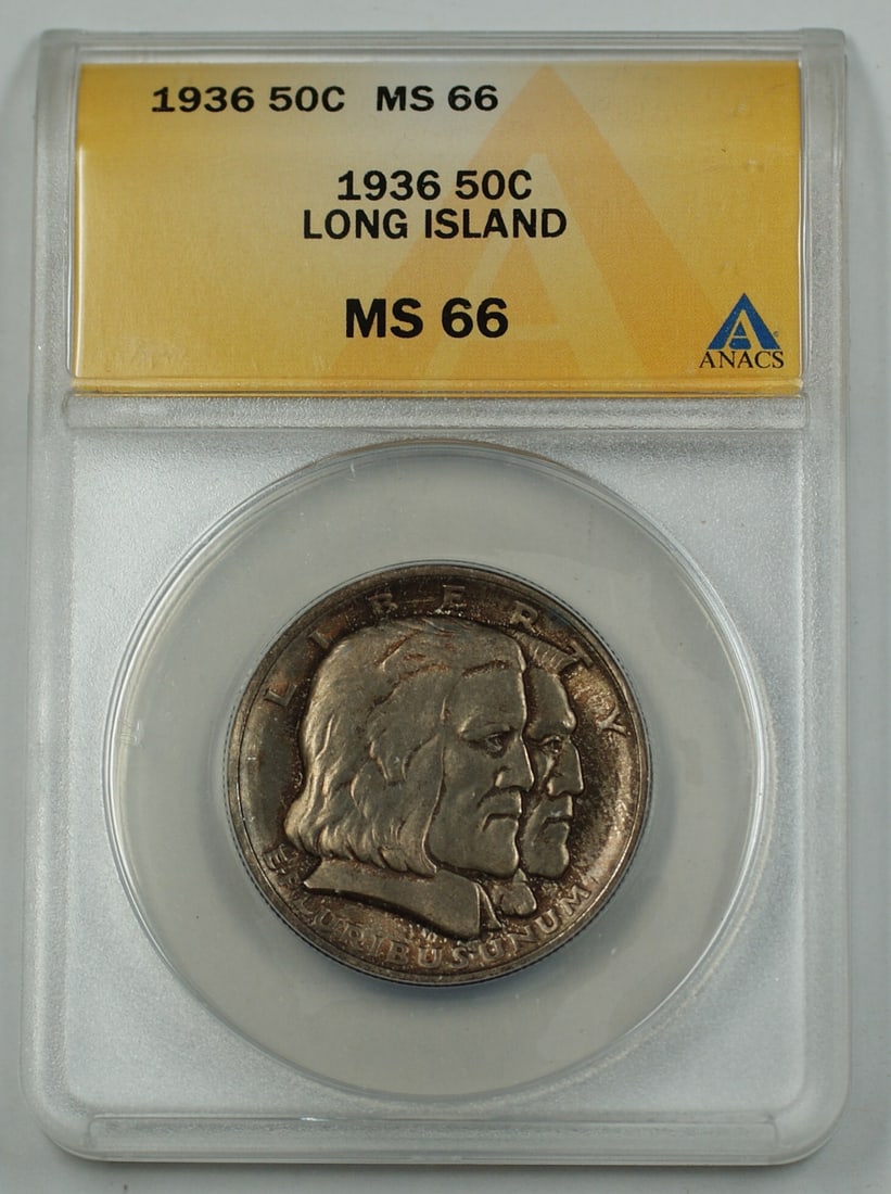 1936 Long Island Tercentenary Silver Half Dollar ANACS MS 66 Toned: 1936 Long Island Tercentenary Silver Half Dollar ANACS MS 66 Toned This 1936 Long Island Tercentenary Silver Half Dollar commemorative coin is graded MS 66 by ANACS. The coin was minted in Philadelphi