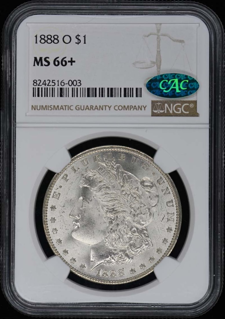 1888-O Morgan Dollar NGC MS66+ CAC Certified Uncirculated: 1888-O Morgan Dollar NGC MS66+ CAC Certified Uncirculated This 1888-O Morgan Dollar, graded MS66+ by NGC and featuring a CAC designation, represents a remarkable piece of numismatic history. Struck in