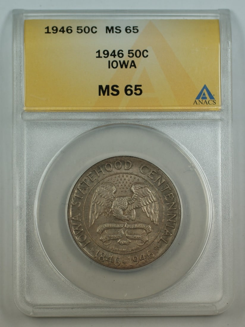 1946 Iowa Statehood Silver Half Dollar ANACS MS65 Toned Commemorative Coin: 1946 Iowa Statehood Silver Half Dollar ANACS MS65 Toned Commemorative Coin This is a 1946 Iowa Statehood Centennial Commemorative Silver Half Dollar, graded MS-65 by ANACS. The coin is uncirculated an