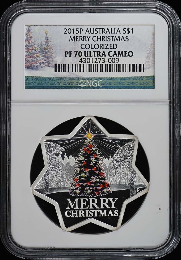 2015 Australia Merry Christmas Colorized S$1 NGC PR70DCAM: 2015 Australia Merry Christmas Colorized S$1 NGC PR70DCAM This 2015 Australia Merry Christmas colorized S$1 coin features a pristine uncirculated condition and is graded as PR70 by NGC, indicating its
