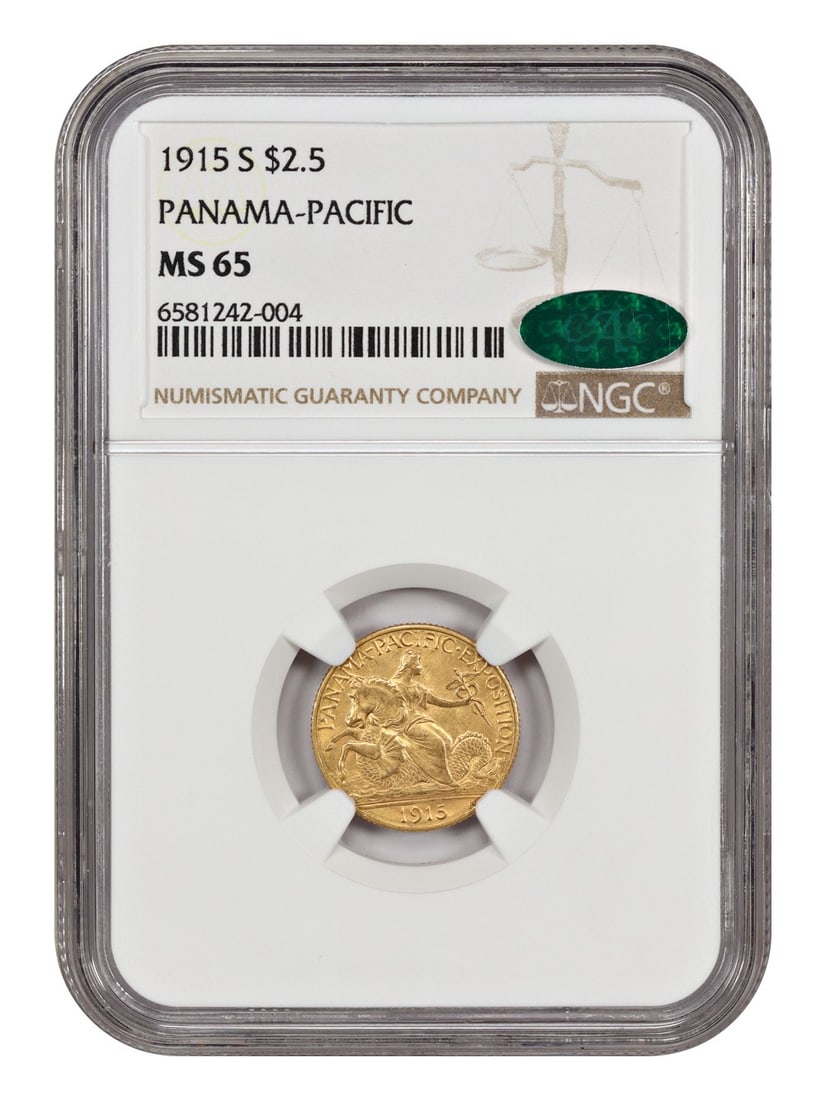 1915 San Francisco $2.50 Panama-Pacific Gold Coin NGC CAC MS65: 1915 San Francisco $2.50 Panama-Pacific Gold Coin NGC CAC MS65 This 1915-S Panama-Pacific $2.50 gold coin is a classic gold commemorative, certified by NGC and CAC with a grade of MS65. Struck at the