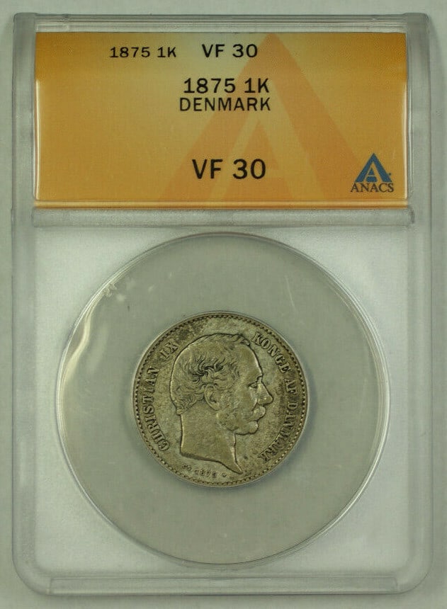 ANACS VF 30 Denmark 1 Kroner Silver Coin 1875 King Christian IX: ANACS VF 30 Denmark 1 Kroner Silver Coin 1875 King Christian IX This is a 1 Kroner silver coin from Denmark, dated 1875, featuring King Christian IX. The coin has been certified by ANACS and graded as