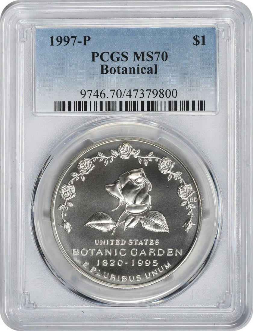 PCGS MS70 1997-P Botanical Silver Commemorative Dollar Coin: PCGS MS70 1997-P Botanical Silver Commemorative Dollar Coin This 1997-P Botanical Commemorative Silver Dollar is a certified uncirculated coin graded MS70 by PCGS. Issued by the United States Mint, it