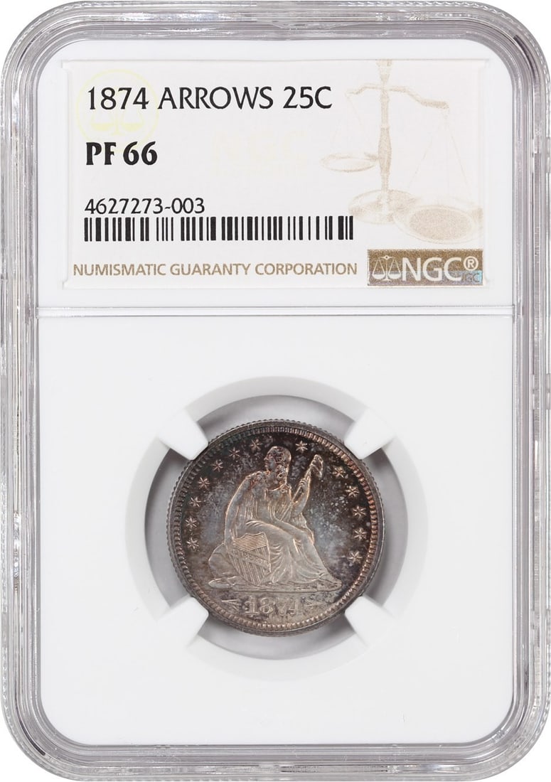 1874 Liberty Seated Quarter NGC PR66 Arrows Scarce Proof Coin: 1874 Liberty Seated Quarter NGC PR66 Arrows Scarce Proof Coin This 1874 25C Liberty Seated Quarter is certified by NGC with a grade of PR66, indicating its premium gem proof quality. Struck at the Phi