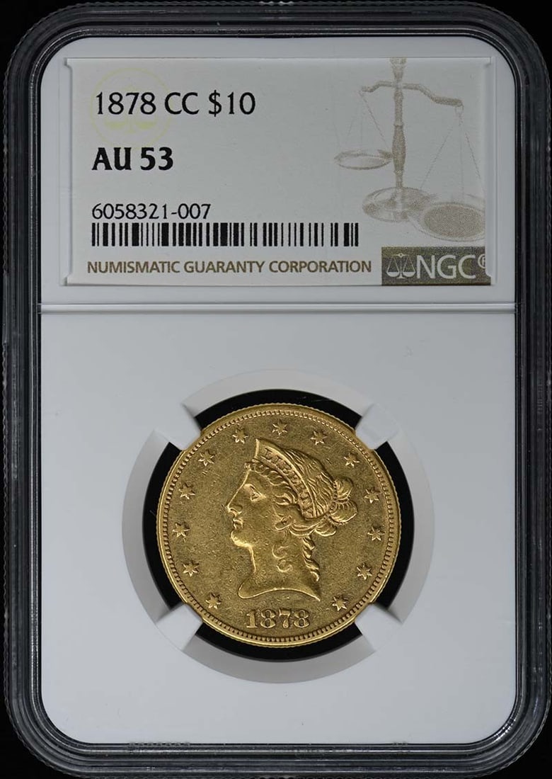 1878 Carson City $10 Liberty Head Eagle NGC AU53: 1878 Carson City $10 Liberty Head Eagle NGC AU53 This 1878-CC Eagle features the iconic Liberty Head design and is certified by NGC with a grade of AU53. Struck at the Carson City mint, this $10 gold