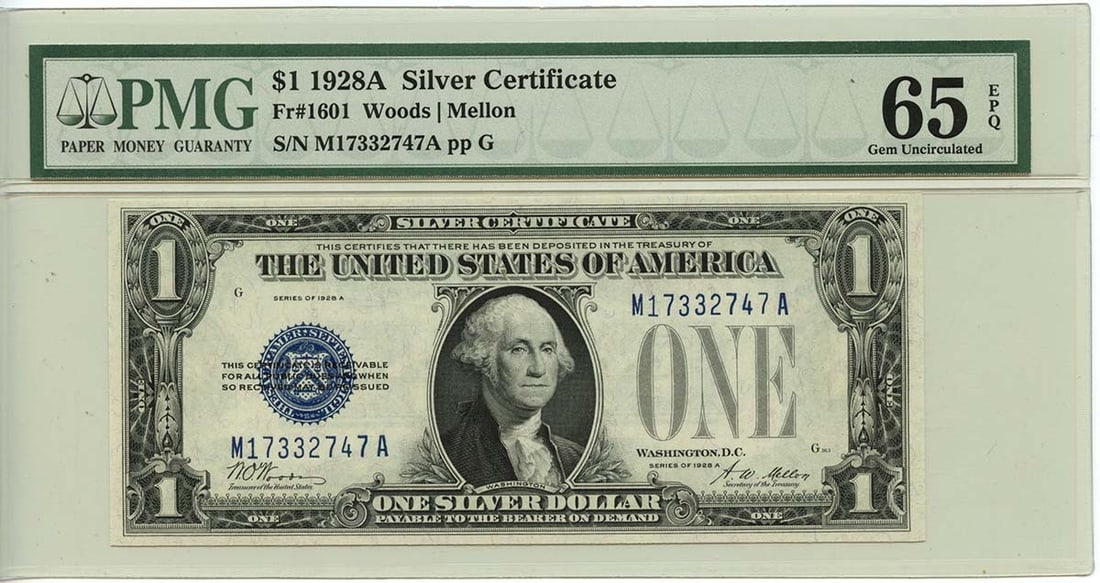 1928A $1 Silver Certificate Blue Woods Mellon PMG GEM 65 EPQ: 1928A $1 Silver Certificate Blue Woods Mellon PMG GEM 65 EPQ This 1928A $1 Silver Certificate features the blue Woods Mellon design, classified as Fr# 1601. It has been graded by PMG as GEM 65 EPQ, in
