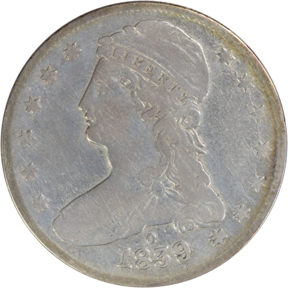 1839 New Orleans Half Dollar 50C Fine Grade Uncertified: 1839 New Orleans Half Dollar 50C Fine Grade Uncertified This is an 1839-O Bust Half Dollar from the New Orleans Mint. The coin is circulated and features a Fine (F) grade. Designed by Christian Gobrec
