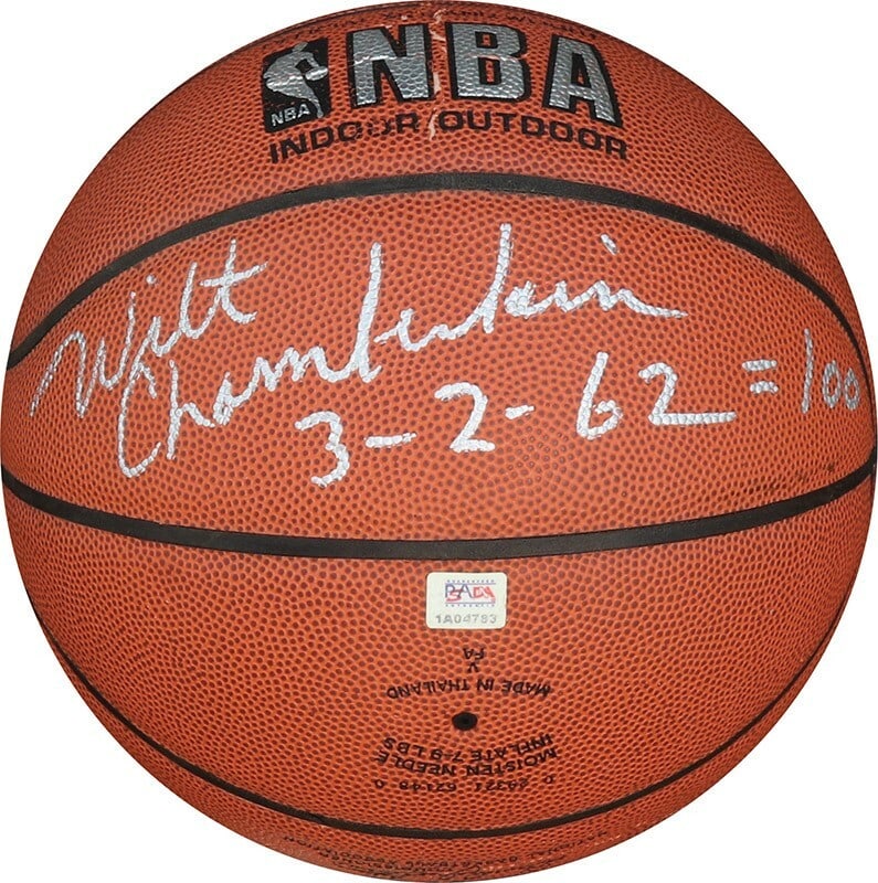 Wilt Chamberlain Signed Basketball 100 Point Game Inscription PSA/DNA: Wilt Chamberlain Signed Basketball 100 Point Game Inscription PSA/DNA This extraordinary basketball, signed by Hall of Famer Wilt Chamberlain, commemorates his legendary 100-point game on March 2, 196