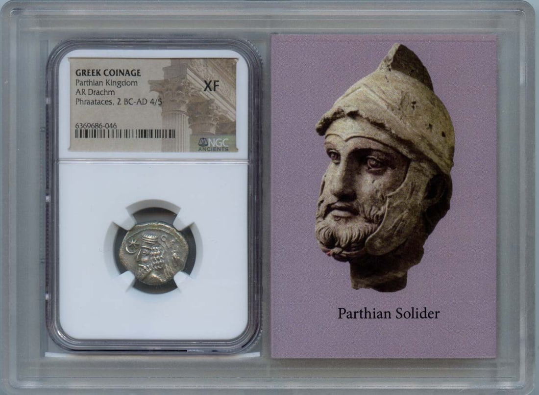 NGC XF40 Parthian Kingdom Ancient Greek AR Drachm Silver Coin: NGC XF40 Parthian Kingdom Ancient Greek AR Drachm Silver Coin This is a Parthian Kingdom AR Drachm from the ancient Greek coinage, certified by NGC and graded XF40. The coin is pre-owned and offers hi