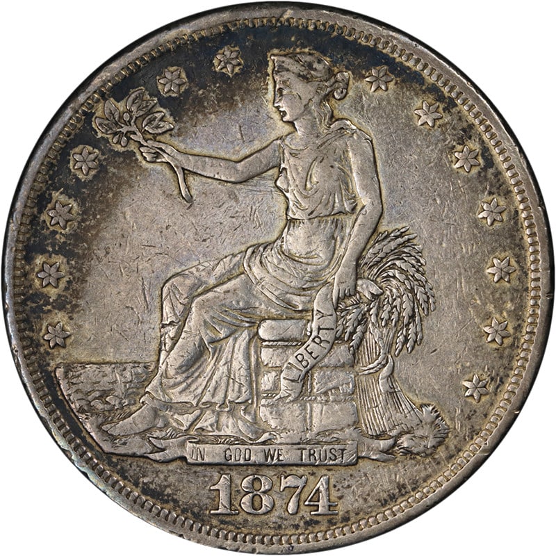 1874-S Trade Dollar Silver XF Coin with Eye Appeal: 1874-S Trade Dollar Silver XF Coin with Eye Appeal This original 1874-S Trade Dollar showcases excellent eye appeal and a strong strike, featuring attractive color and surfaces. Graded as Extra Fine (