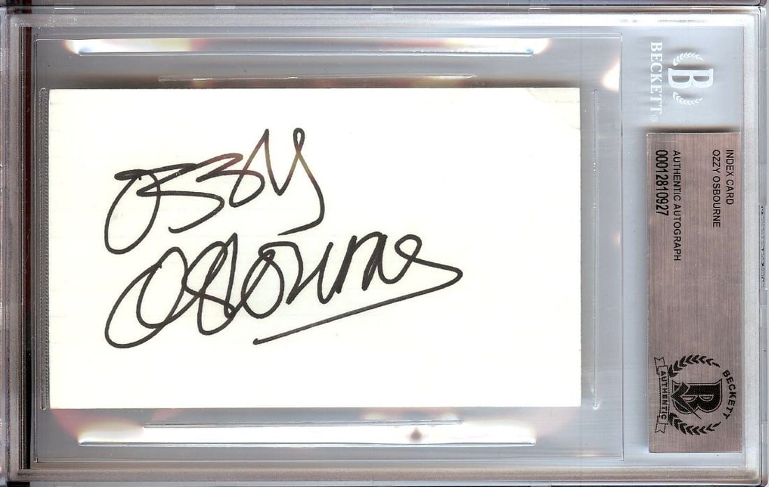 Ozzy Osbourne Autographed 3X5 Index Card Beckett Certified: Ozzy Osbourne Autographed 3X5 Index Card Beckett Certified This is an authentic 3X5 index card signed by the legendary singer Ozzy Osbourne. The autograph has been verified by Beckett Authentication,