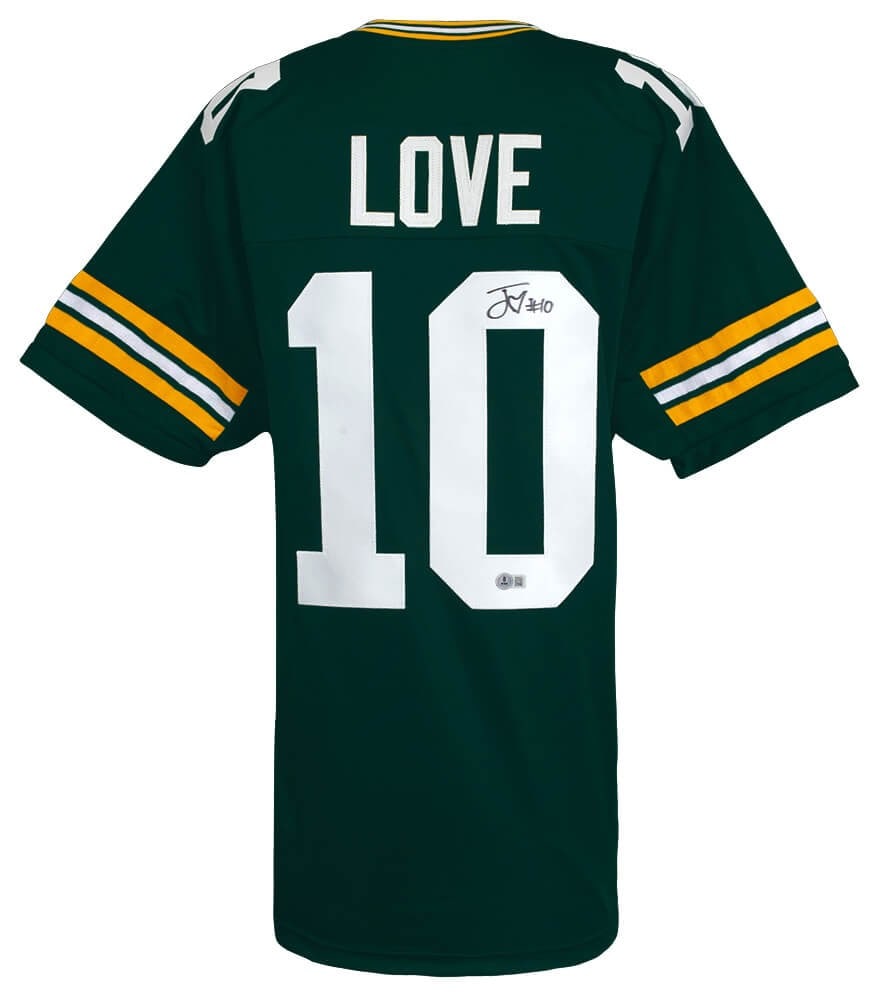 Jordan Love Signed Green Bay Packers Football Jersey Beckett COA: Jordan Love Signed Green Bay Packers Football Jersey Beckett COA This is a signed green custom football jersey by Jordan Love, featuring the Green Bay Packers logo. The jersey is size XL and comes wit