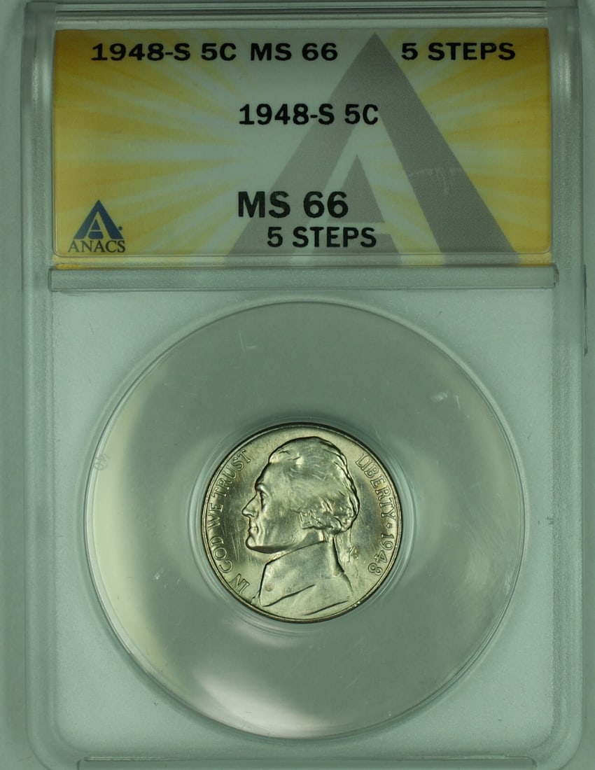 ANACS MS 66 1948-S Jefferson Nickel Five Step Uncirculated 5C Coin: ANACS MS 66 1948-S Jefferson Nickel Five Step Uncirculated 5C Coin This 1948-S Jefferson Nickel is a United States five-cent coin graded MS 66 by ANACS, indicating an uncirculated condition. Featuring