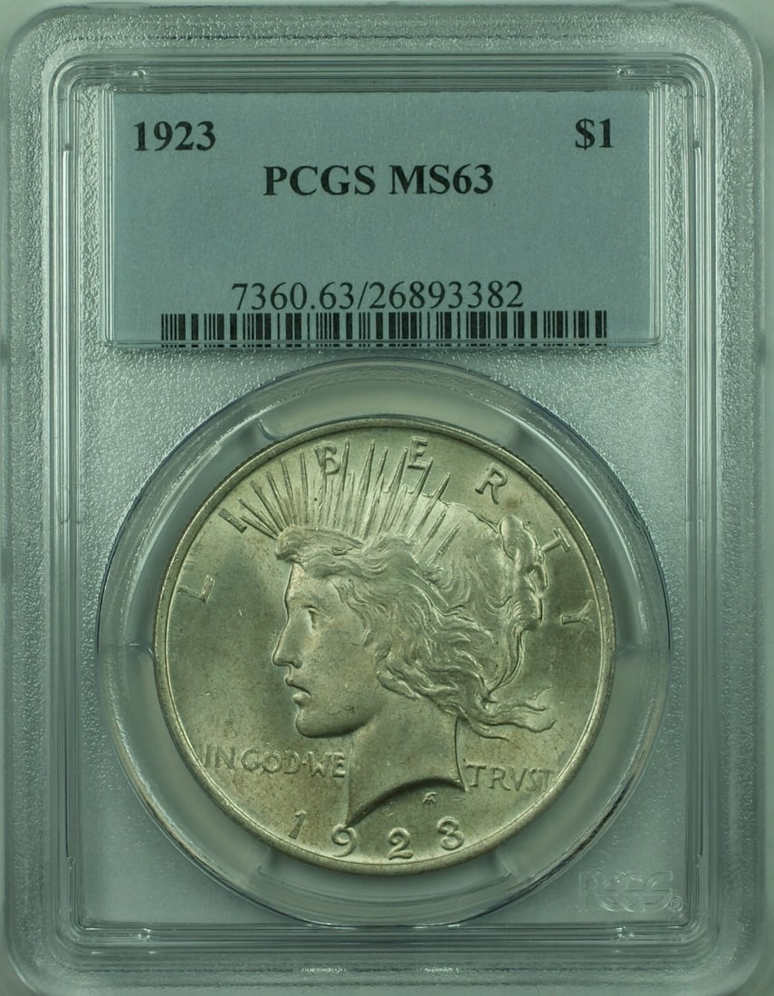 PCGS MS63 1923 Philadelphia Peace Dollar Silver $1 Coin: PCGS MS63 1923 Philadelphia Peace Dollar Silver $1 Coin This is a 1923 Peace Silver Dollar $1 coin, certified by PCGS with a grade of MS-63. Minted in Philadelphia, this uncirculated coin is composed