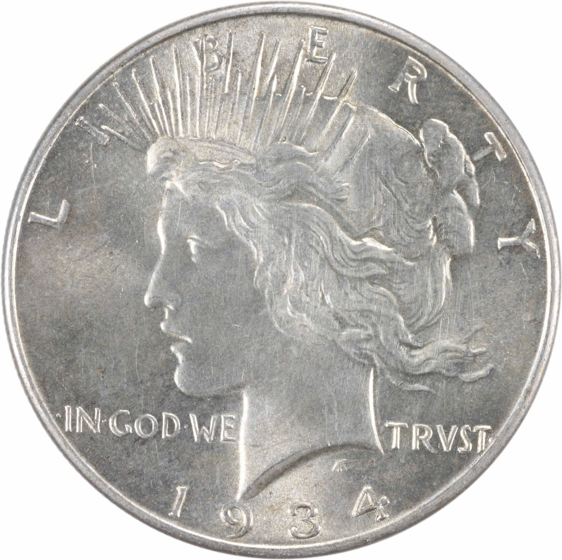1934 Peace Silver Dollar Choice BU Uncertified 90% Silver Coin: 1934 Peace Silver Dollar Choice BU Uncertified 90% Silver Coin This 1934 Peace Silver Dollar is an uncirculated coin in Choice BU condition, showcasing its stunning design and silver composition. Feat