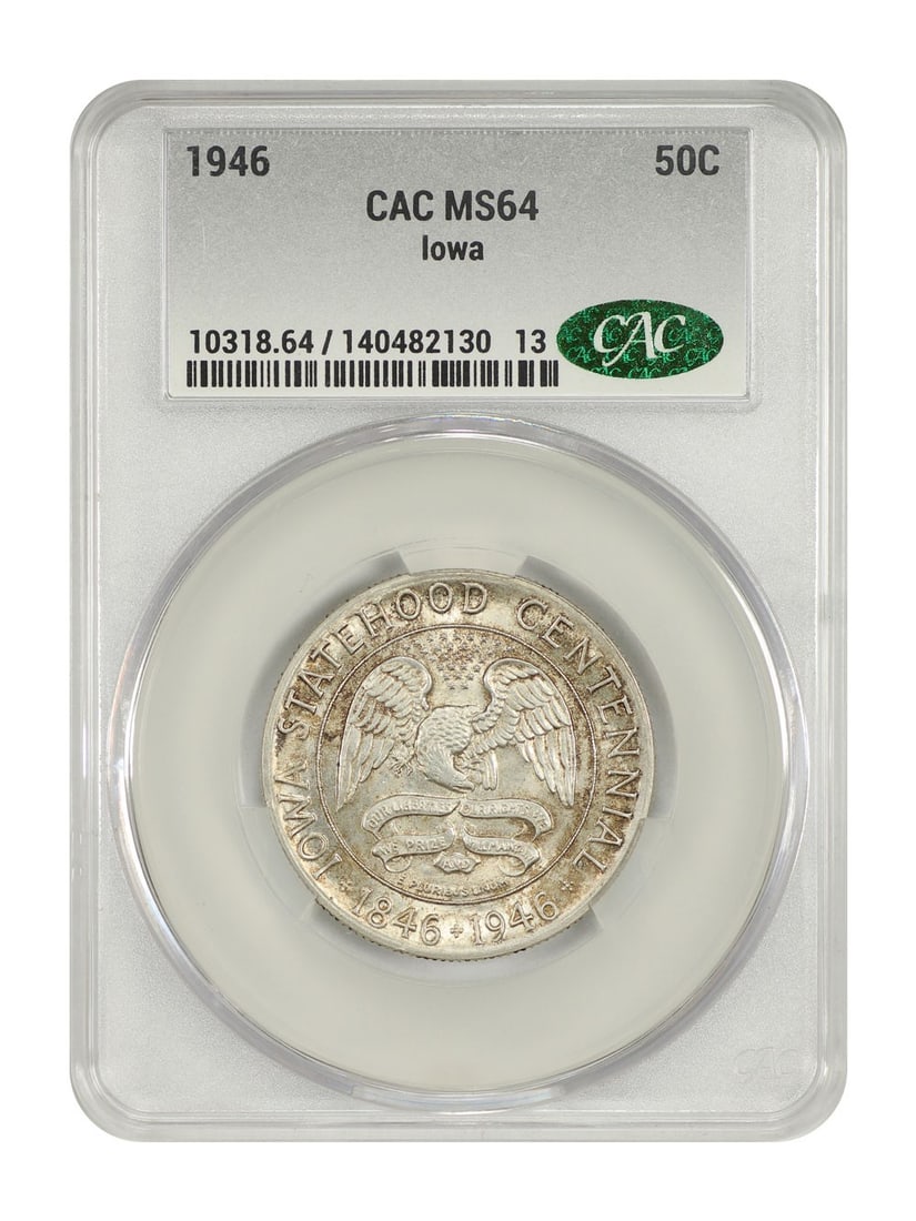 1946 50C Iowa Classic Silver Commemorative CACG MS64: 1946 50C Iowa Classic Silver Commemorative CACG MS64 This 1946 50C Iowa Classic Silver Commemorative coin is a remarkable piece celebrating the 100th anniversary of Iowa's statehood. It has been grade