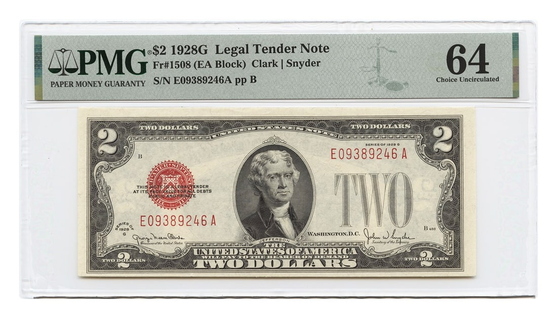 1928 $2 Legal Tender Note PMG Choice UNC 64 Small Tear: 1928 $2 Legal Tender Note PMG Choice UNC 64 Small Tear This 1928 $2 Legal Tender Note is certified by PMG with a grade of 64, indicating its uncirculated condition. It features a small tear, which is