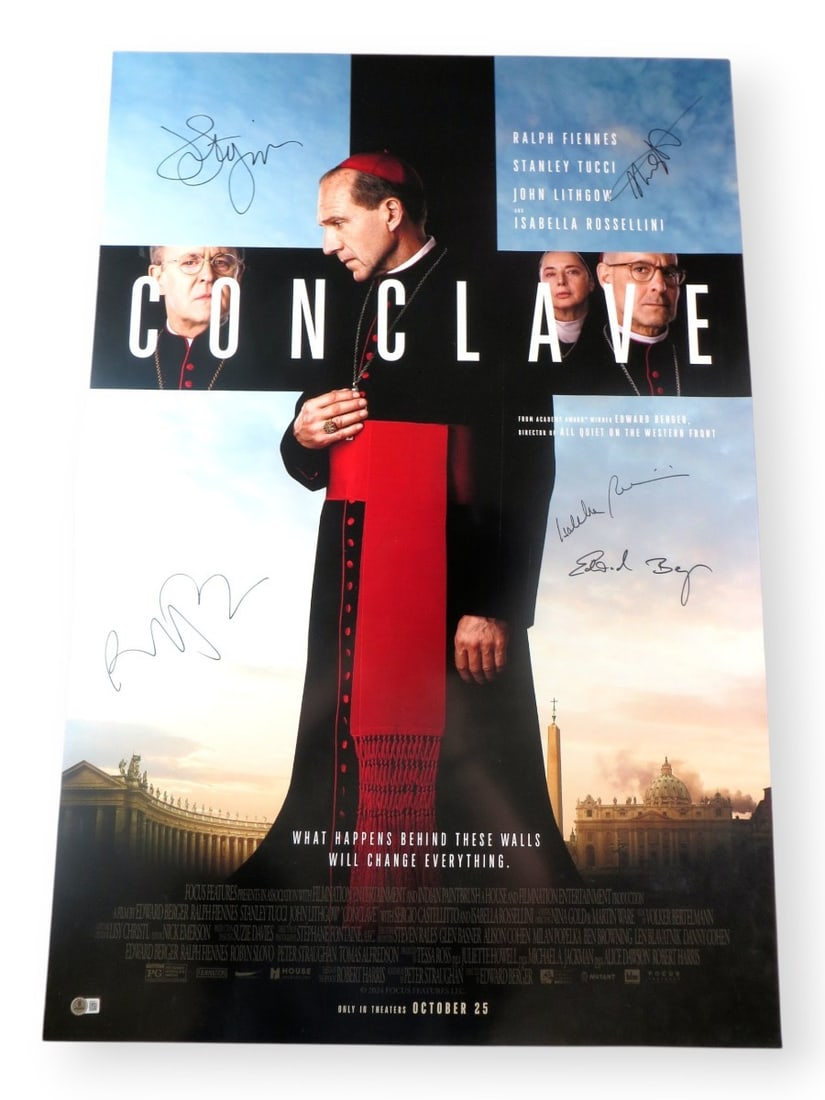 Conclave Cast Signed 27X40 Poster Fiennes Tucci Lithgow Beckett Authenticated: Conclave Cast Signed 27X40 Poster Fiennes Tucci Lithgow Beckett Authenticated This Conclave cast poster measures 27x40 inches and is an original autographed piece featuring the signatures of renowned