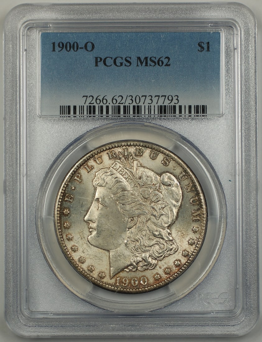 PCGS MS-62 1900-O Morgan Silver Dollar from New Orleans Mint: PCGS MS-62 1900-O Morgan Silver Dollar from New Orleans Mint This 1900-O Morgan Silver Dollar features attractive toning and has been certified by PCGS with a grade of MS-62. Struck at the New Orleans