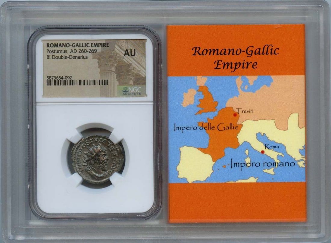 Postumus AD 260-269 Romano-Gallic Double-Denarius NGC AU50 Coin: Postumus AD 260-269 Romano-Gallic Double-Denarius NGC AU50 Coin This exquisite Ancient Roman double-denarius coin, minted during the reign of Postumus (AD 260-269), features a remarkable fine detail a