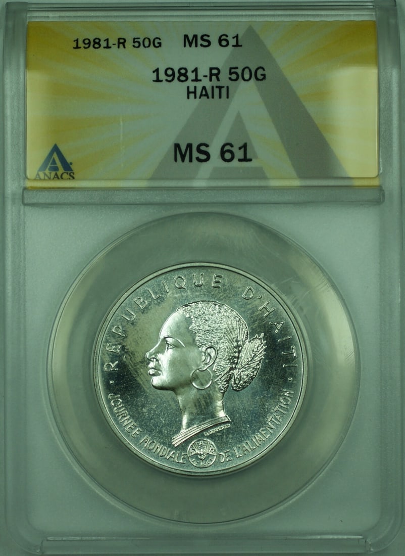 Haiti 1981 50 Gourdes Silver Coin ANACS MS 61 KM149 FAO Issue: Haiti 1981 50 Gourdes Silver Coin ANACS MS 61 KM149 FAO Issue This 1981 Haiti 50 Gourdes FAO coin is certified by ANACS with a grade of MS 61. Struck in silver, this uncirculated coin is referenced as