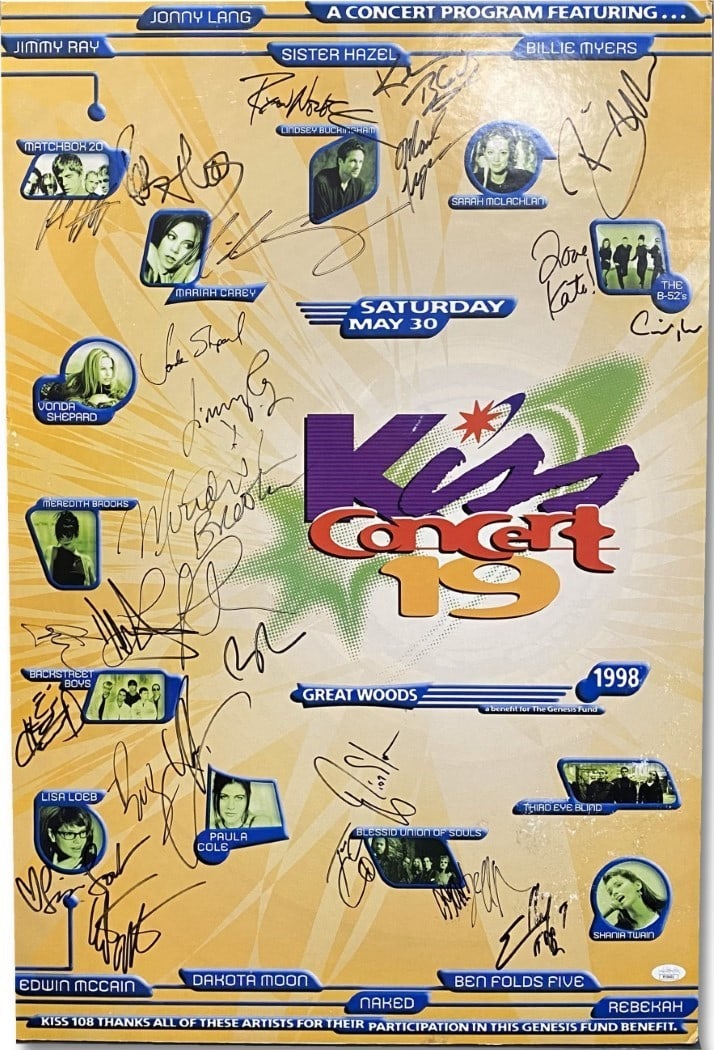 Mariah Carey Backstreet Boys Signed 20x30 Concert Poster JSA Authenticated: Mariah Carey Backstreet Boys Signed 20x30 Concert Poster JSA Authenticated This original 20x30 concert poster features a stunning lineup of signatures from iconic artists, including Mariah Carey, The