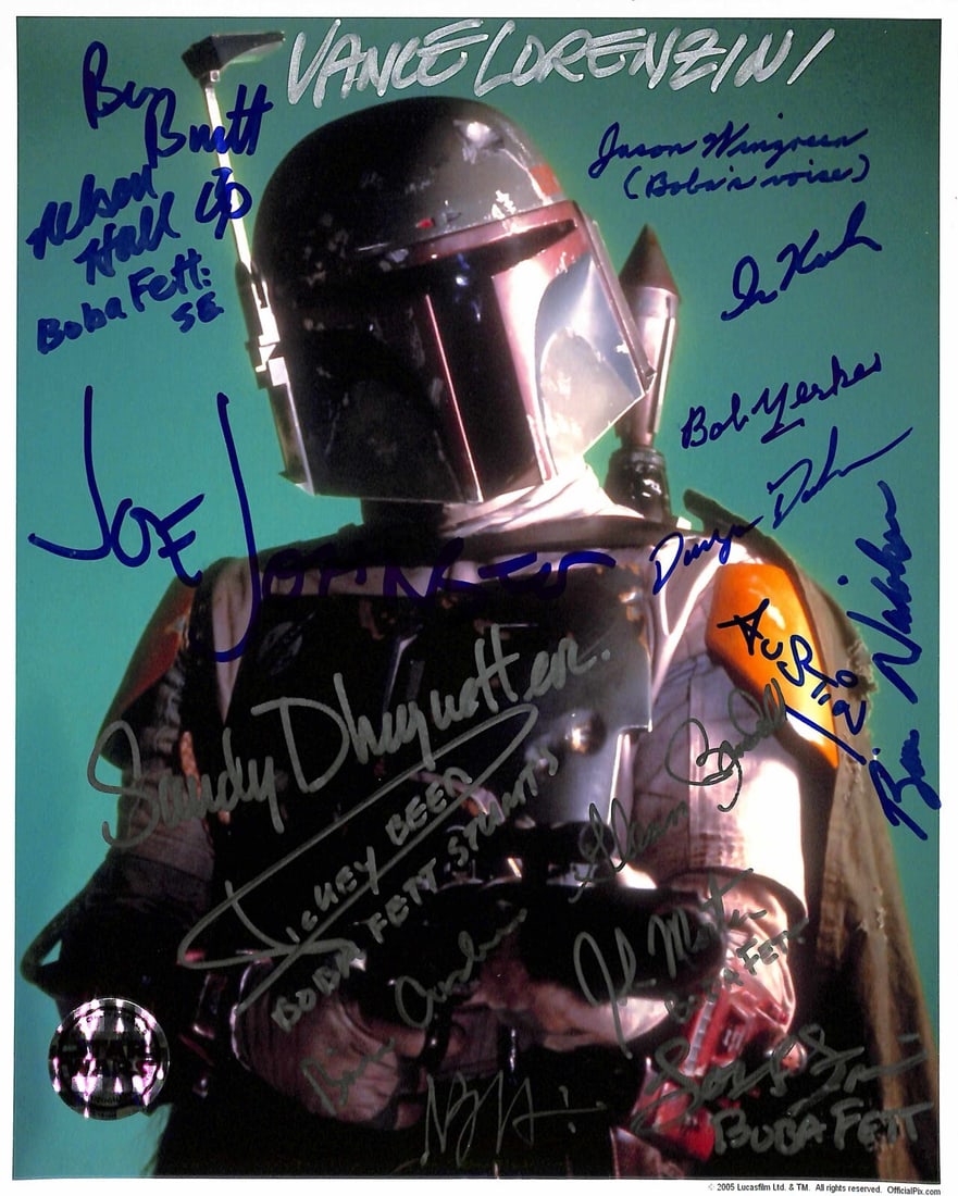 Boba Fett 8x10 Multi Signed Photo by 17 Actors Crew Beckett LOA: Boba Fett 8x10 Multi Signed Photo by 17 Actors Crew Beckett LOA This stunning 8x10 color photograph features the iconic character Boba Fett, multi-signed by 17 talented individuals associated with the