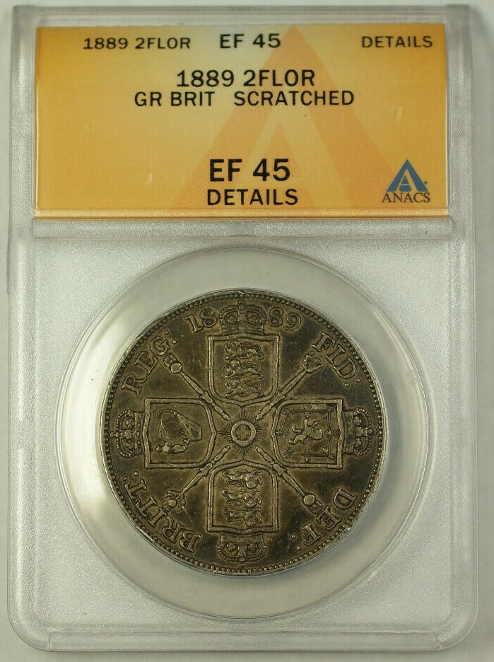 ANACS Certified 1889 United Kingdom Silver Two Florins XF 45 Scratched: ANACS Certified 1889 United Kingdom Silver Two Florins XF 45 Scratched This is an 1889 Great Britain 2 Florins coin, composed of silver and certified by ANACS with a grade of EF 45 Details. The coin i