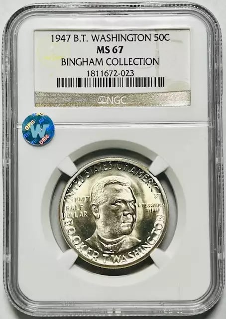1947 Booker T Washington Silver Dollar NGC MS67 Uncirculated Coin: 1947 Booker T Washington Silver Dollar NGC MS67 Uncirculated Coin This 1947 Classic Commemorative Booker T. Washington coin is a stunning piece of history, showcasing exceptional luster and brilliance