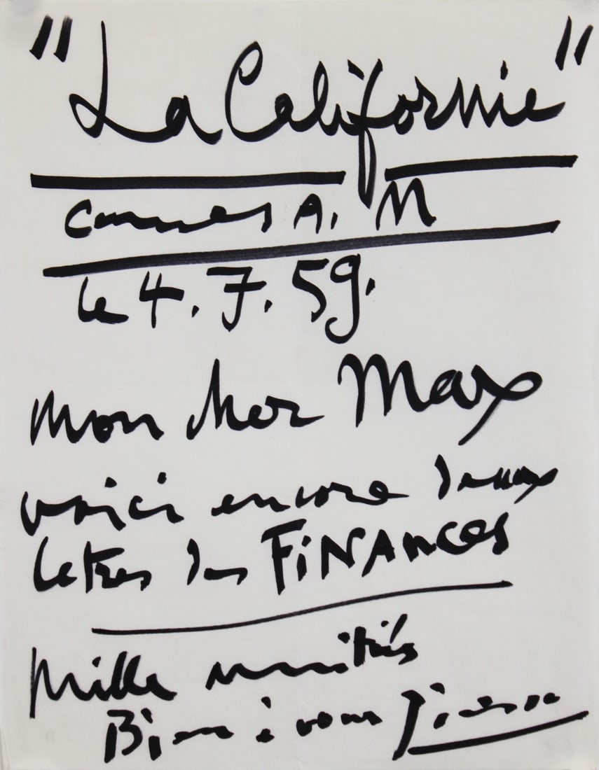 Pablo Picasso Authentic Signed Handwritten Letter 8.25x10.5 BAS #AE04583: Pablo Picasso Authentic Signed Handwritten Letter 8.25x10.5 BAS #AE04583 This 8.25x10.5 letter features an authentic handwritten message from the renowned artist Pablo Picasso, penned in bold black in