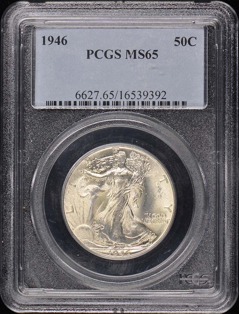 1946 Walking Liberty Half Dollar PCGS MS65 Uncirculated: 1946 Walking Liberty Half Dollar PCGS MS65 Uncirculated This 1946 Walking Liberty Half Dollar, certified by PCGS with a grade of MS65, showcases exceptional quality and detail. Struck at the Philadelp